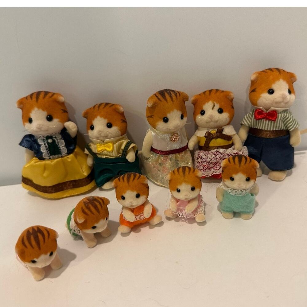 Calico Critters Orange Cat Maple Family with 5 babies extra girl 10 total